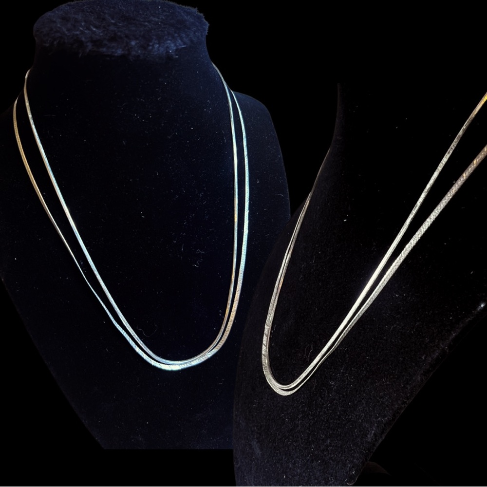 Set of 2 Signed Sterling Silver Serpentine Herringbone Chain Necklaces